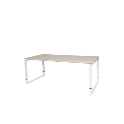 Afbeelding van Domino Plus bureau, hoogte instelbaar (62 85cm) met 180x90cm &#039;zwevend&#039; robson eiken 25mm blad en wit (RAL9010) O poot frame