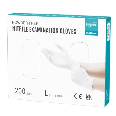 Afbeelding van EUROPAPA® 200 stuks nitril wegwerphandschoenen, poedervrij, EN455 EN374, latexvrij, maat S, M, L en XL (L, wit)