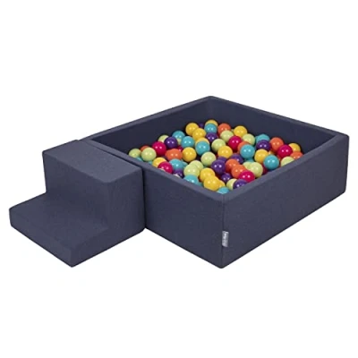 Afbeelding van KiddyMoon Speelplaats van schuimrubber met vierkant balzwembad (200 ballen) voor kinderen, donkerblauw: groen/geel/turquoise/oranje/donker/violet