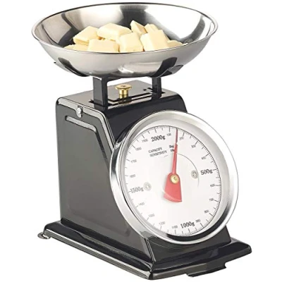 Afbeelding van Rosenstein &amp; Söhne Keukenweegschaal: Analoge retro keukenweegschaal tot 2 kg met tarrafunctie, zwart, metaal