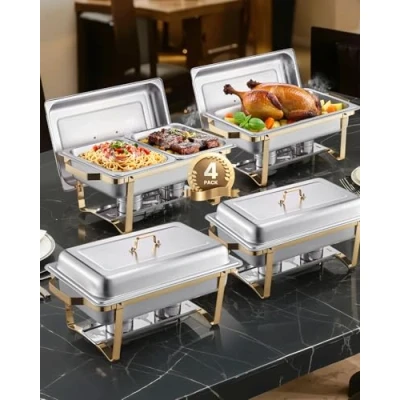 Image de VEVOR Chauffe Plat Rectangulaire Buffet Chauffant 4PCs 7,5 L en Inox Hôtel Doré