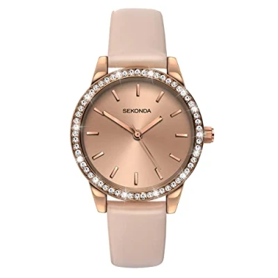 Afbeelding van Sekonda Hailey Analoog kwartshorloge met 3 wijzers voor dames roségouden legering behuizing mineraalglazen gesp, broche en armband van polyurethaan 32 mm, Roségoud 2452, riem