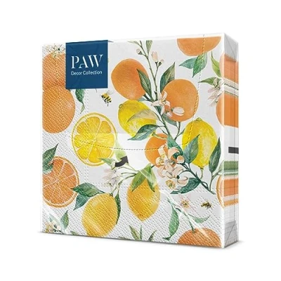 Afbeelding van PAW Papieren handdoek, 3 laags (33 x 33 cm), 20 stuks, ideaal voor verjaardagen, feestdagen, tuinfeesten, familiefeesten, feestjes met vrienden (citrus with bees)