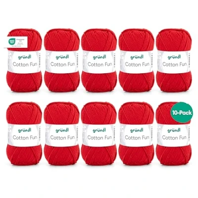 Image de Gründl Cotton Fun fil à tricoter/fil crocheter (fil doux en 100% coton, certifié OEKO TEX, 50 g/115 m, taille d&#039;aiguille : 3 4, 1 pelote g), rouge signal LOT DE 10 PELOTES