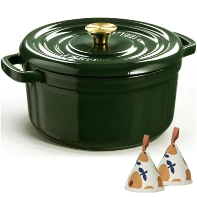 Afbeelding van Overmont Dutch oven van geëmailleerd gietijzer, pot met deksel, kookboek en pannenlappen katoen, duurzaam voor stoven, braden, brood bakken