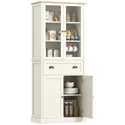Afbeelding van HOMCOM Keukendressoir, keukenkast, 4 deuren, waarvan 2 glazen deuren en 1 lade, hoogte 182,5 cm, met legplanken, MDF, beige
