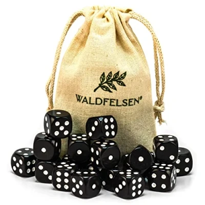 Afbeelding van Waldfelsen® Set van 6, 12, 20, 30 of 50 stuks hoogwaardige acryl dobbelstenen, standaardformaat 16 mm, 6 zijdige speeldobbelstenen, speelaccessoires met stoffen tas (zwart, 20 stuks)