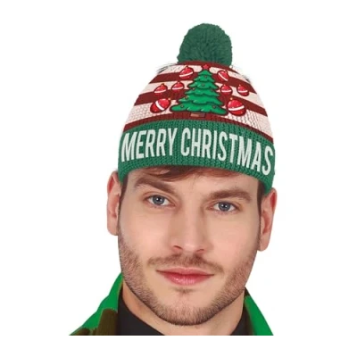 Afbeelding van Fiestas Guirca Gestreepte foute kerstmuts Merry Christmas kerstboom wol effect 1 stuks