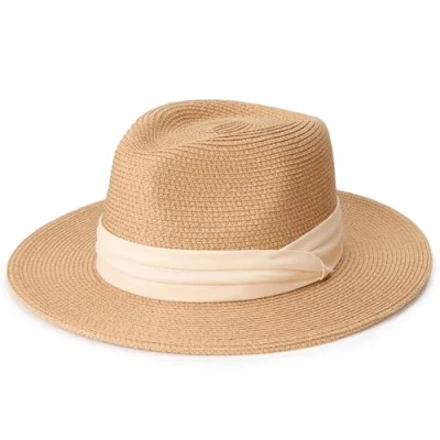 Afbeelding van DRESHOW Strohoed voor dames en heren, panamahoed, zomerhoed, brede rand, zonnehoed, uv bescherming, strand, reizen, Panama Straw Hoed: Khaki 68 B KHBE