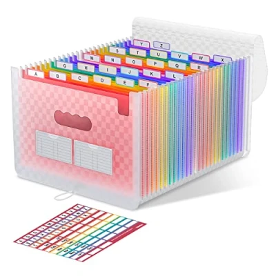 Afbeelding van ThinkTex Accordeonmap A4, 24 vakken met klep, opslag van papieren administratie, documentenvak, accordeon organizer voor bestandsmappen (roze)