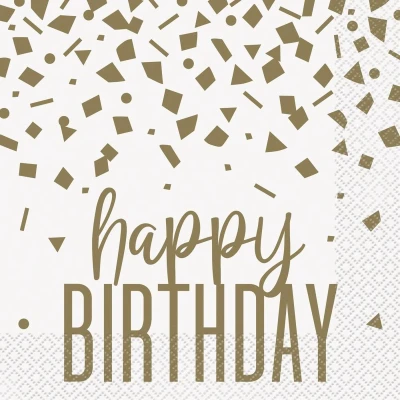 Afbeelding van Verjaardag Servetten Happy Birthday Goud Confetti 16st