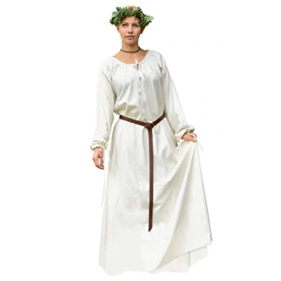 Afbeelding van Battle Merchant Middeleeuwse jurk Ana voor dames, Vikingkostuum met lange mouwen van katoen, LARP jurk, wit, rood, blauw, naturel, Natuurlijk.