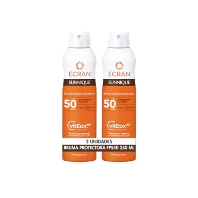 Afbeelding van Ecran Sunnique 2 x SPF 50 zonbeschermingsnevel, UVB + UVA en IR A, versterkt de afweer, beschermt huid, 24 uur hydratatie, formule met VitEox 80, voor het hele gezin