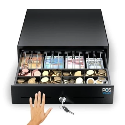 Afbeelding van POS VALLEY Lade voor kleine kassarecorder, handmatige opening voorpaneel en sleutel, geldinzet 4 bankbiljetten 8 stuks (euro), 33 x 35 cm (zwart)