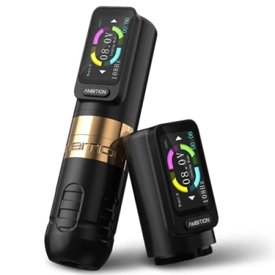 Afbeelding van Ambition Zetton Draadloze tattoo machine met extra 2400 mAh touch knoppen, digitaal led display, roterende machine, batterijpen rechte trainingsstang