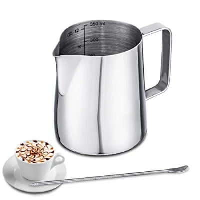 Afbeelding van Emsmil Melkkannetje van roestvrij staal 350 ml met Mark en latte type pen, zilver, kleine melkopschuimer, barista melkkan voor cappuccino espresso