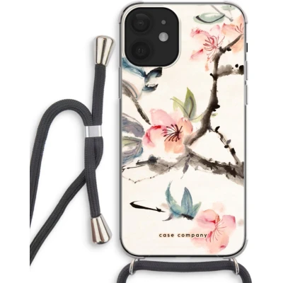Afbeelding van Case Company® hoesje met Koord geschikt voor iPhone 12 mini Japanse bloemen Telefoonhoesje Zwart Extra Bescherming aan alle Kanten en Over de Schermrand