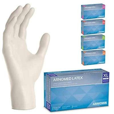 Afbeelding van poedervrije ARNOMED latex handschoenen voor eenmalig gebruik XL, 100 stuks/doos, wegwerphandschoenen, gebruik, verkrijgbaar in de maten XS, S, M, L &amp; XL