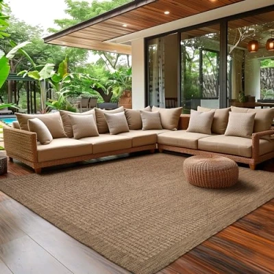 Afbeelding van SIMPEX Outdoortapijt, weerbestendig, voor terras, balkon, tuin, keuken, effen design, plat weefsel, sisal look, afwasbaar, afmetingen: 80 x 150 cm, kleur:bruin
