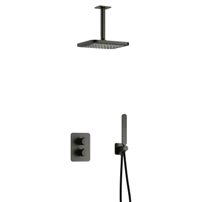 Afbeelding van Hotbath Gal Regendoucheset IBS40A Geborsteld Gunmetal PVD Staaf Handdouche 22cm Hoofddouche Plafondbuis 15cm met wandhouder