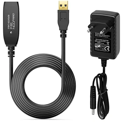 Afbeelding van deleyCON actieve USB 3.0 kabel, 5 m, verlengkabel met 1 signaalversterker en voeding, repeaterkabel, voor pc, computer, printer, scanner