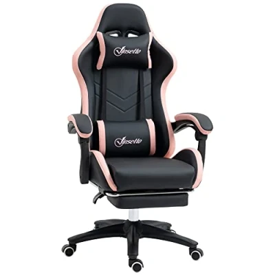 Afbeelding van Vinsetto gamingstoel, ergonomische telescopische voetensteun, rugleuning 135 graden kantelbaar, verstelbare hoofdsteun en lendensteun, 360 draaibare bureaustoel van polyurethaan, roze
