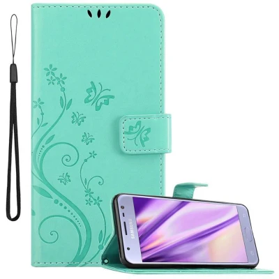 Afbeelding van Cadorabo Hoesje geschikt voor Samsung Galaxy J3 2017 in BLOEMEN TURKOOIS Beschermhoes bloemmotief met magnetische sluiting, standfunctie en kaartsleuven Book Case Cover Etui