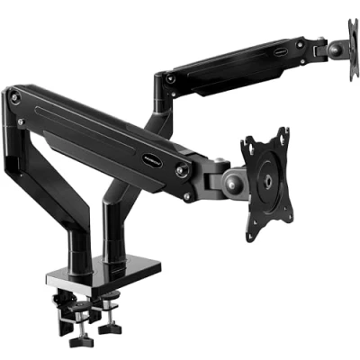 Afbeelding van Invision Dubbele Monitorbeugel voor 22&quot; 32&quot; Schermen VESA 75/100mm Kantelbaar, Draaibaar en Roteert Ergonomisch in Hoogte Verstelbaar Lange Arm Gasveer Desktop klembevestiging Gewicht 3 12kg (MX900)