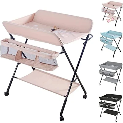 Afbeelding van Luiertafel inklapbaar met opbergmand aan de zijkant, ijzeren structuur, max. belasting 25 kg, voor pasgeborenen, ergonomisch design, opvouwbare en draagbare luiertafel, 80 x 66 98 cm, roze