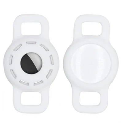 Afbeelding van Airtag huisdier halsband siliconen hoes met HD beschermfolie, hoge transparantie, verstelbare draagbare GPS zoekhoes voor hondenhalsband en kat, 2 stuks (2 wit)