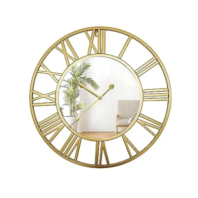 Afbeelding van QHENS Grote wandklok, spiegel, vintage design, goud, stil, rond, metaal, 50 cm, met Romeinse cijfers, voor woonkamer, slaapkamer, eetkamer, kantoor