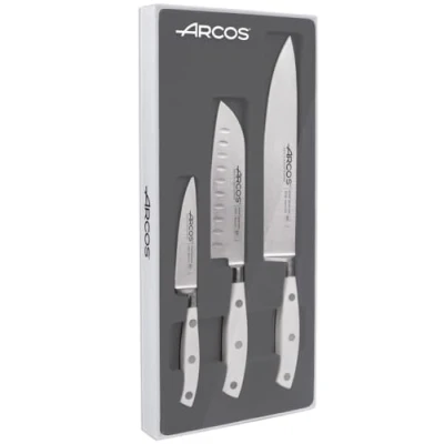 Afbeelding van Arcos Serie Riviera Blanc 3 stuks keukenmessen (1 schilmes + 1 Santoku koksmes) lemmet van nitrum gesmeed roestvrij staal handvat polyoxymethyleen (POM) kleur