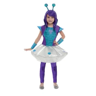 Afbeelding van Smiffys Alien Girl Kinder Kostuum Kids tm 12 jaar Zilverkleurig/Paars