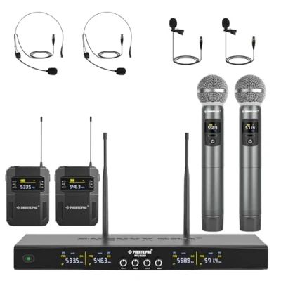 Afbeelding van Phenyx Pro 4 kanaals draadloos microfoonsysteem met handmicrofoons / tas hoofdtelefoon achterkant draadloze microfoon voor zang, karaoke, kerk (PTU 5200B)