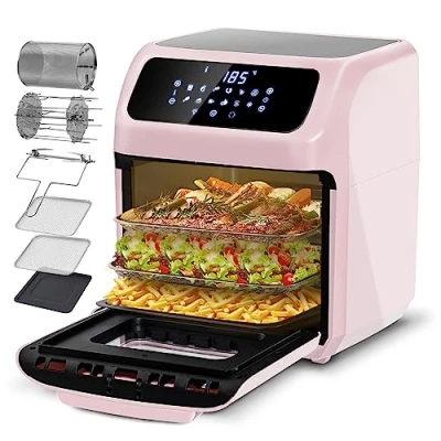 Afbeelding van LLIVEKIT Frituuroven met lucht, 12 l, 360 graden olievrije heteluchtfriteuse functies, mini oven timer van 90 minuten, receptenboekje en 6 soorten accessoires, 1800 W, roze