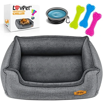 Afbeelding van LovPet® Hondenbed Hondenkussen Hondenmand Chiller, Incl. Kom + 3X Kauwbotten, Hondenbankkussen voor Kleine, Middelgrote &amp; Grote Honden, Hoes Afneembaar en Wasbaar XL (110 x 75 27 cm), Grijs