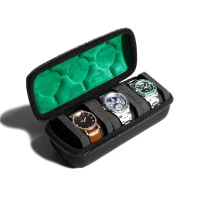 Afbeelding van AUKURA Reisetui met harde schaal, 3 vakken voor horloges dames en heren, anti bewegingskussen (3 zwarte groene voering)