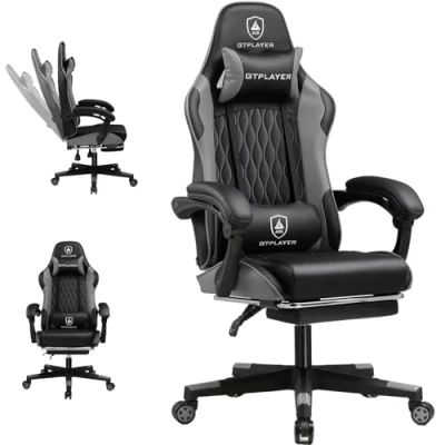 Afbeelding van GTPLAYER gamingstoel, ergonomische bureaustoel met voetensteun, lendenwervelkolom en verstelbaar kussen, gevoerde gamestoel, belastbaar tot 150 kg