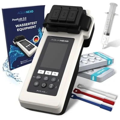 Afbeelding van AQUANEXO Poollab 2.0 avec 240 pastilles de test chlore et pH (120 x DPD 1 + 120 comprimés Phenol Red), testeur d&#039;eau piscine Lab 2.0, pour piscine, pataugeoire, Hottub
