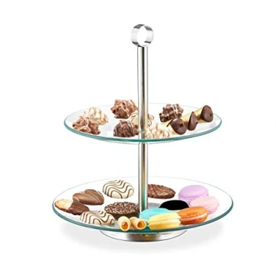 Afbeelding van Relaxdays glazen etagere 2 laags serveerschaal hapjessschaal bonbonniere rond
