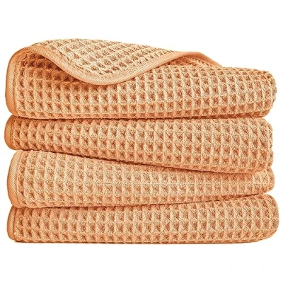 Afbeelding van POLYTE Set van 4 pluisvrije microvezel handdoeken, 40 x 76 cm, oranje, wafelpatroon
