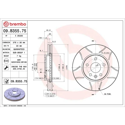 Afbeelding van BREMBO 09.B355.75 Remschijf 276 26 5 interne ventilatie, Gekerft Gecoat Met schroeven OPEL: Astra J Sports Tourer, Hatchback, GTC