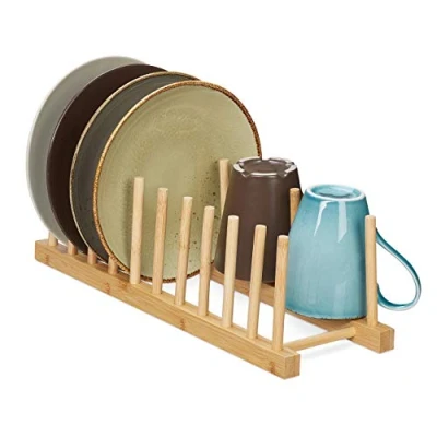 Afbeelding van Relaxdays bordenrek bamboe afdruiprek bordenhouder dekselhouder rek hout
