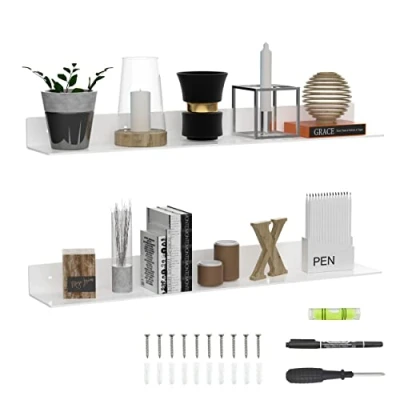 Afbeelding van Sezanrpt Set van 2 witte 91,5 cm planken voor wanddecoratie, acryl wandrek, wandrek met gratis schroevendraaier