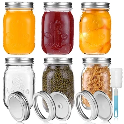 Afbeelding van 450ml Mason Jars Weckpotten Van Glas met Deksels en Linten, Kruidenpotjes Top Voedselbewaardoppen Voor Jam, Honing, Huwelijksgeschenken, Douchegunsten Doe Het Zelf Voorraadpotten, 6 Verpakkingen