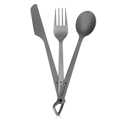 Afbeelding van Navaris campingbestek van titanium Set met vork, mes en lepel Bestekset voor onderweg op reis Inclusief karabijnhaak bewaarzakje