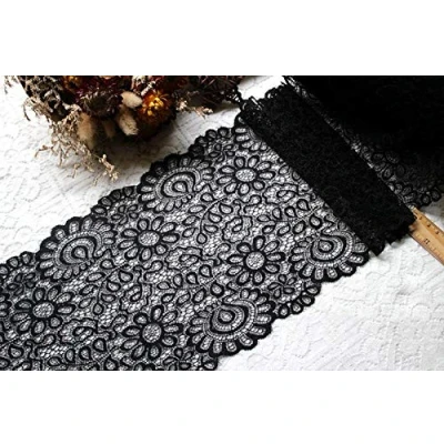 Afbeelding van Yulakes 3 yard 22 cm zwart wit kant stof DIY ambachten naaien accessoires decoratie voor kleding elastische kanten rand (zwart)