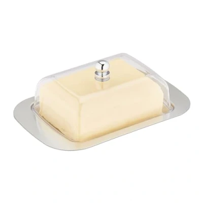 Afbeelding van Relaxdays botervlootje met deksel rvs en kunststof voor 250 g boter 7x18,5x12 cm zilver/transparant