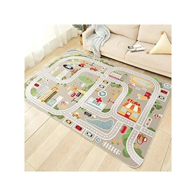 Afbeelding van TYKTZXY Vloerkleed voor kinderen, speelmat, straat, auto, universum, dieren, blauw, groen, grijs, 10 maten