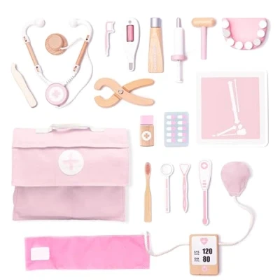 Afbeelding van UMU® Houten dokterskoffer voor kinderen met stethoscoop, bloeddrukmeter, tandartsaccessoires en meer, dokterskoffer, rollenspel, medische set vanaf 3, 4,